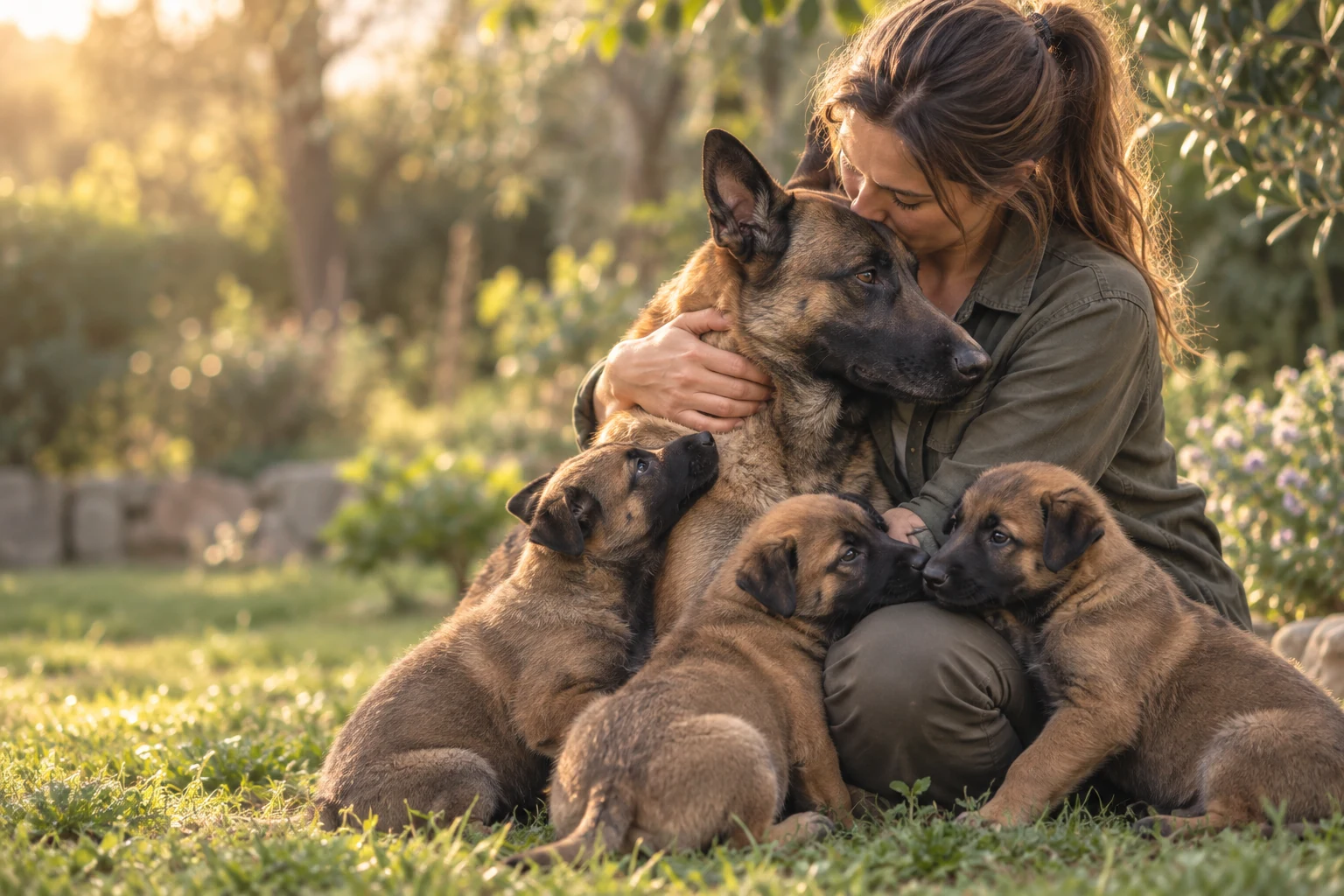 Escena ilustrativa de una persona acompañando a una madre Malinois y sus cachorros